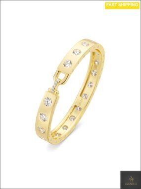 14K Gold Filled Bangle Bracelet 9mm Wide CZ Tennis Hidden Clasp